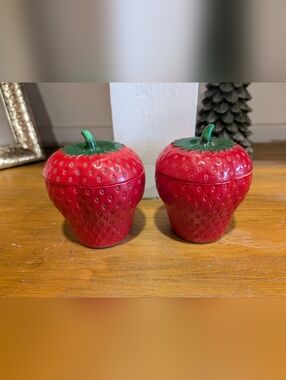 Vintage Pair Milk Glass Red Strawberries Jam Sugar Bowl Kitchen Kitsch